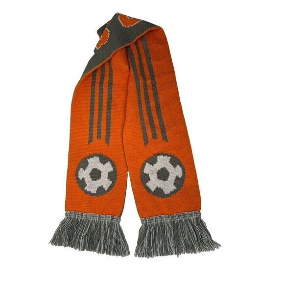 Soccer Shots Scarf Orange Gray Reversible Knit Fringe Sport - Picture 2 of 6